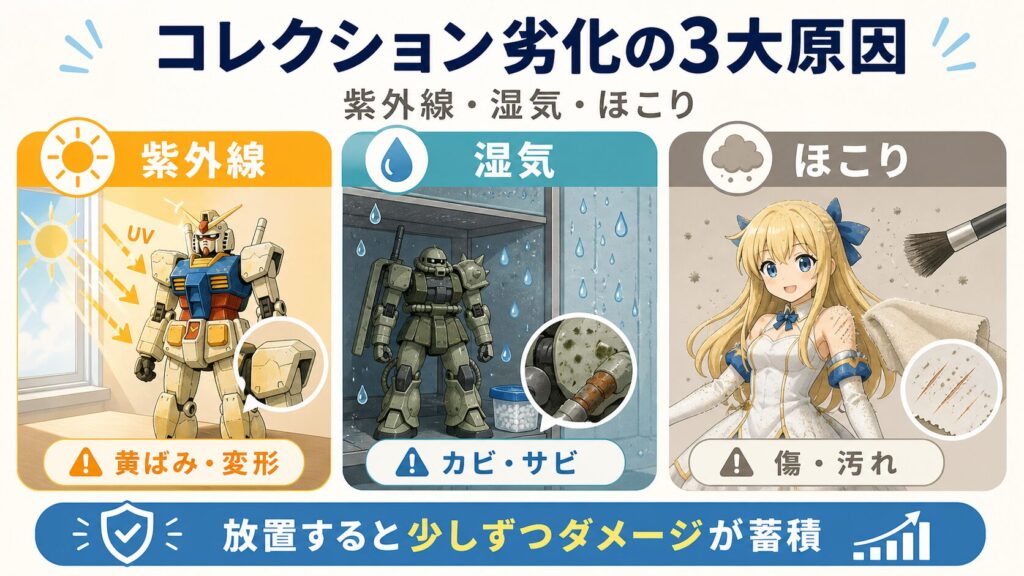 コレクション劣化の3大原因｜紫外線・湿気・ほこり