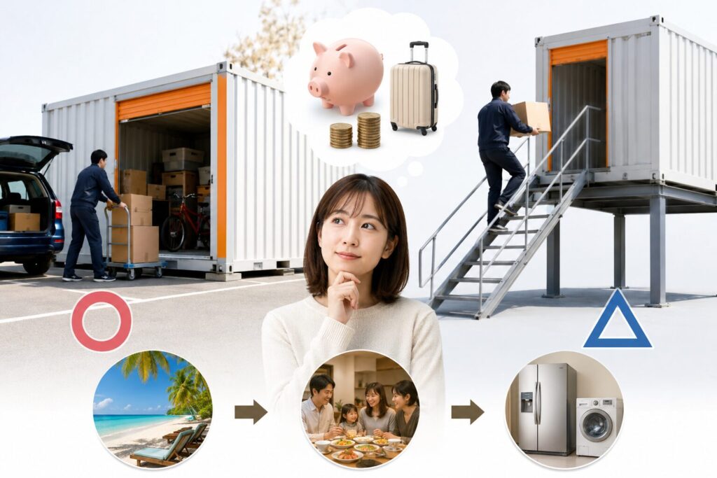 1階は車から直接荷物を運べる一方、2階は階段で搬入する必要があるため料金が安くなり、浮いた費用を旅行や外食、家電購入に使えることを表した実写風イメージ