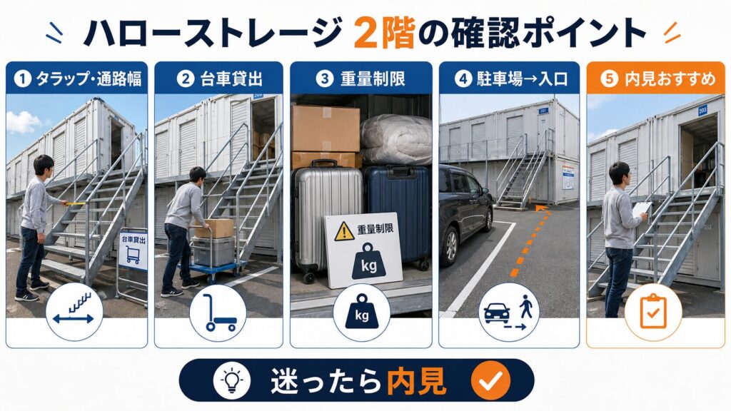 ハローストレージの2階物件を選ぶ際の確認ポイントをまとめたインフォグラフィック。タラップの傾斜と通路幅、台車貸出、重量制限、駐車場から入口までの距離、内見の重要性を整理している。