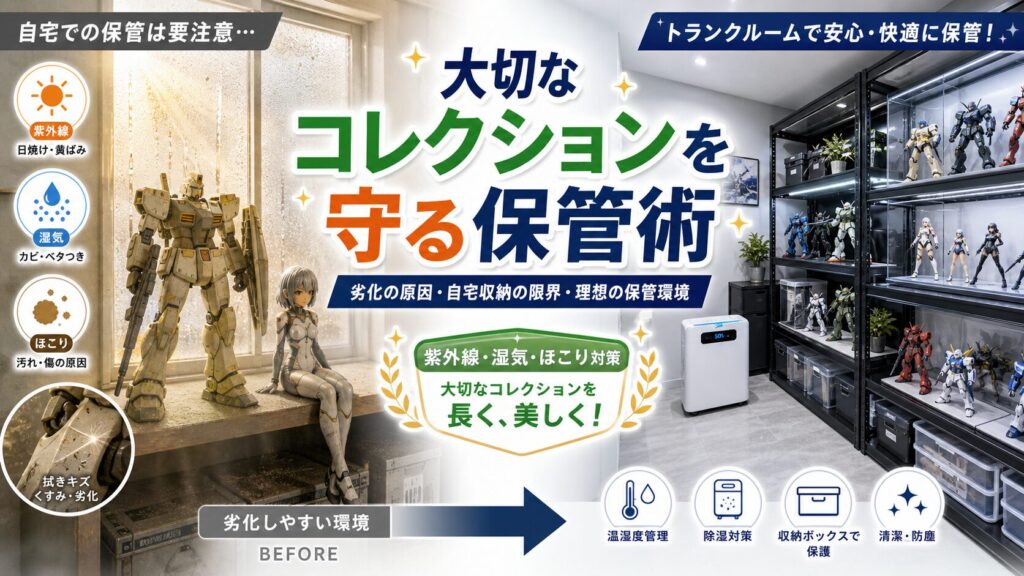 コレクションの劣化原因と理想の保管環境を示す図解