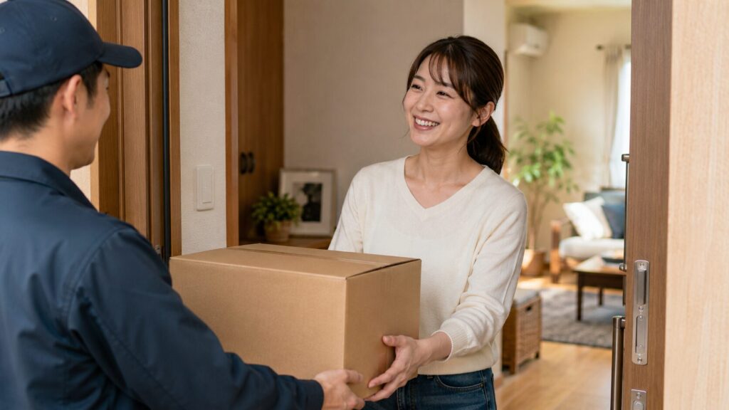 minikuraから取り出した収納箱を自宅で受け取る日本人女性