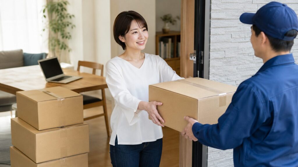 minikuraの荷物を自宅玄関で配送業者へ渡す日本人女性