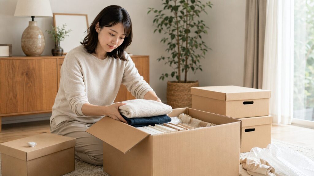 本を下に衣類を上にしてminikuraのBOXへ荷物を梱包する日本人女性
