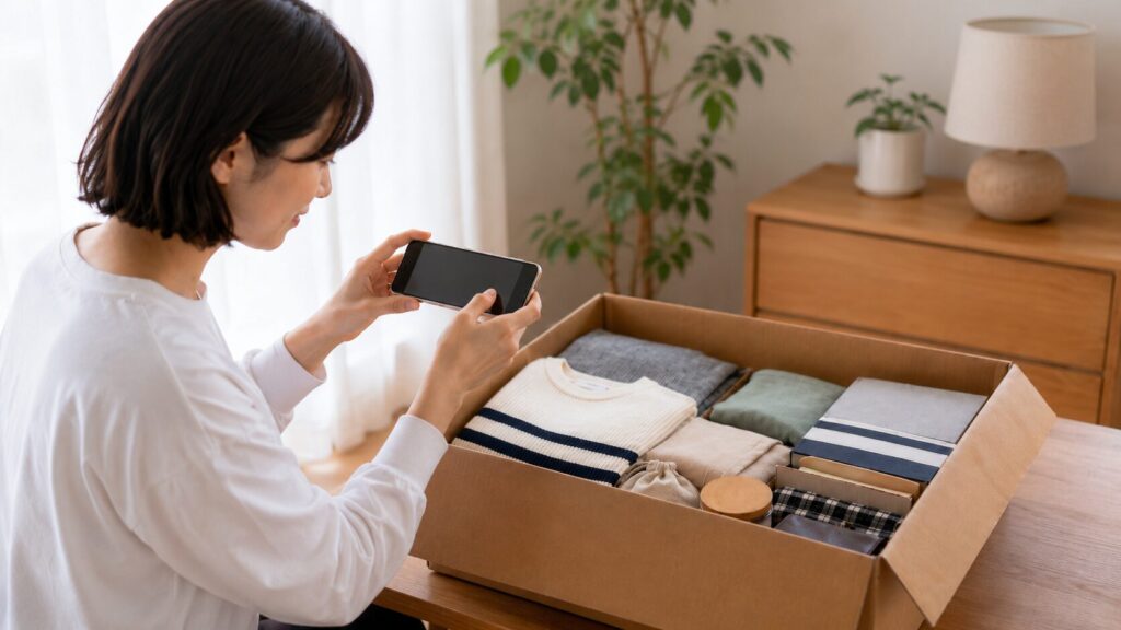 minikuraの補償に備えて箱の中身をスマホで撮影する日本人女性
