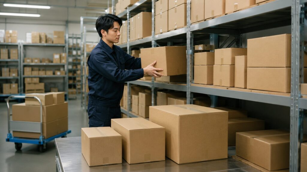 倉庫の棚から複数の保管箱を取り出す日本人スタッフ