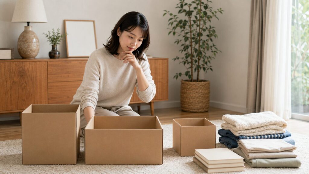 衣類や本の量に合わせてminikuraのBOXサイズを比較する日本人女性