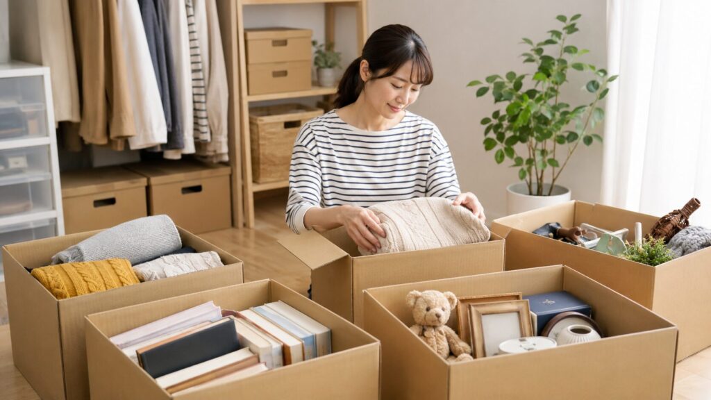 衣類や本、思い出品を使う時期ごとに段ボールへ分ける日本人女性