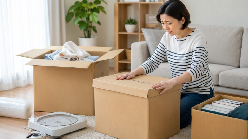 minikuraの箱を体重計で確認し重量超過や詰めすぎを防ぐ女性