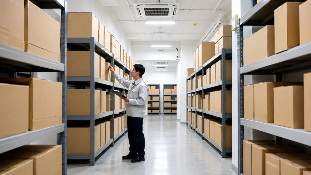 温度と湿度が管理された倉庫で保管箱を確認する日本人スタッフ