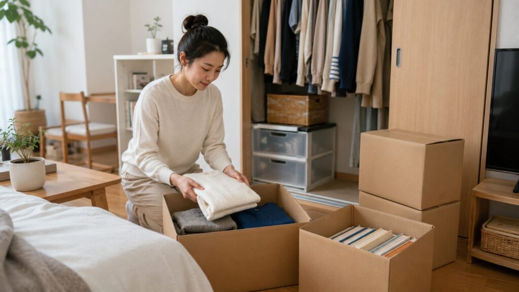 minikuraに預ける衣類と本を段ボール箱へ整理する日本人女性