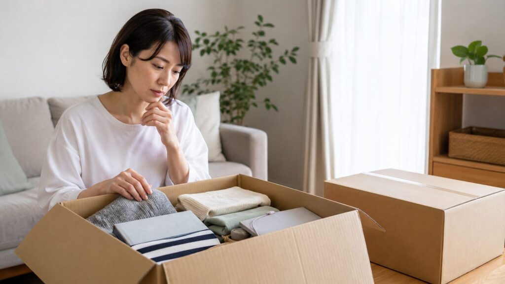 minikuraへ預ける衣類や本の補償内容を確認する日本人女性