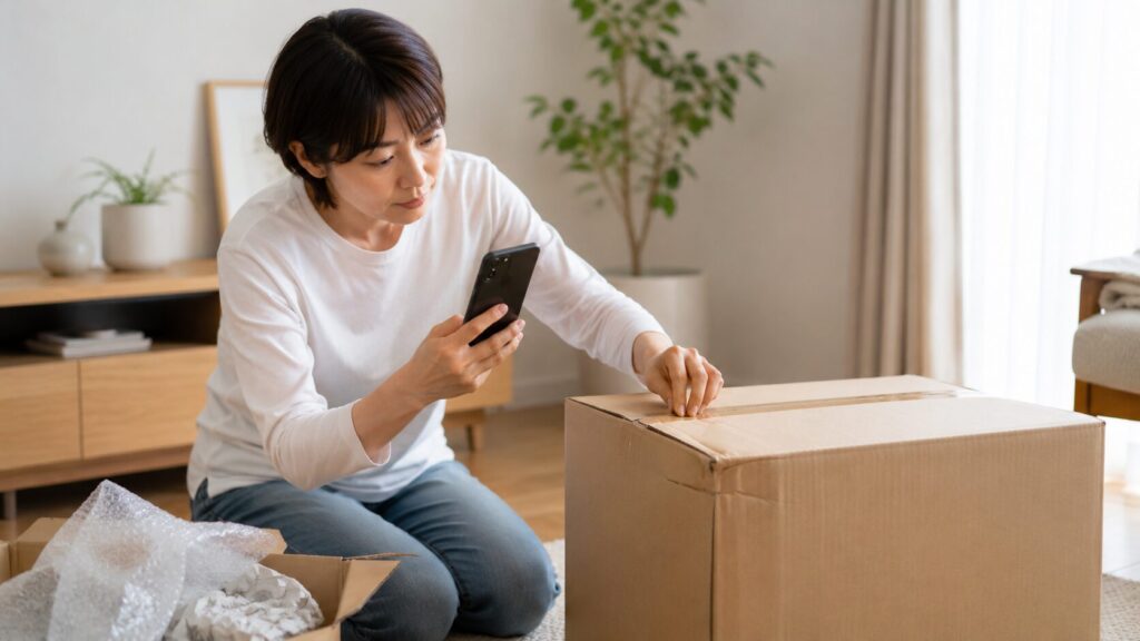 minikuraから届いた段ボール箱の破損をスマホで記録する日本人女性