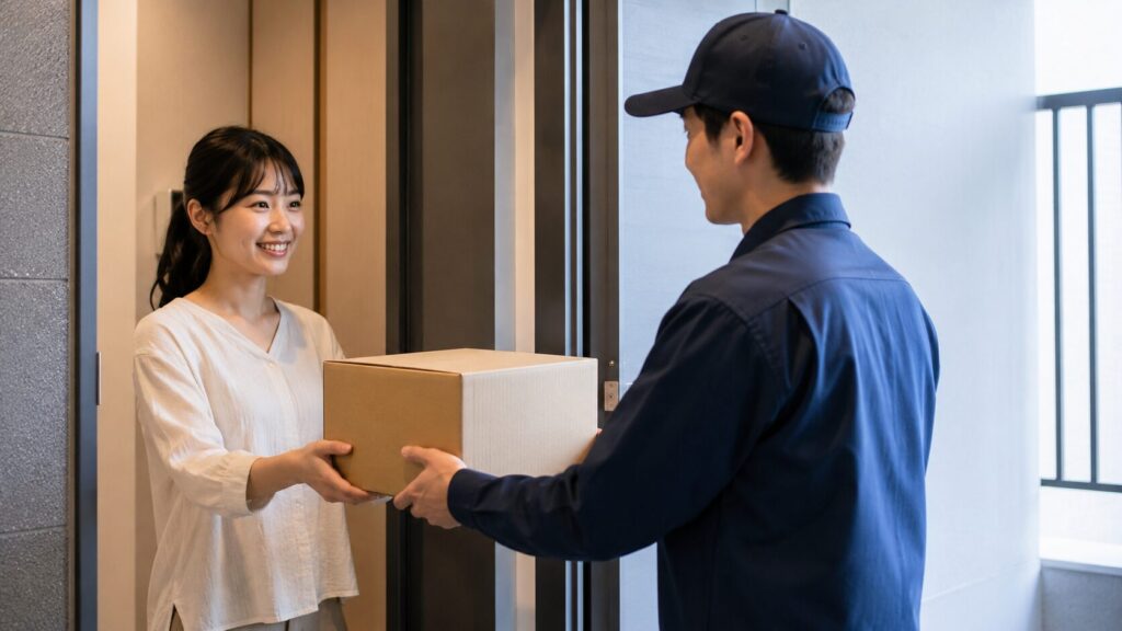 minikuraで保管中の段ボール箱を早期に取り出して受け取る日本人女性