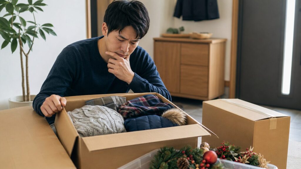 短期取り出しの追加料金を気にしながら季節用品の箱を確認する日本人男性