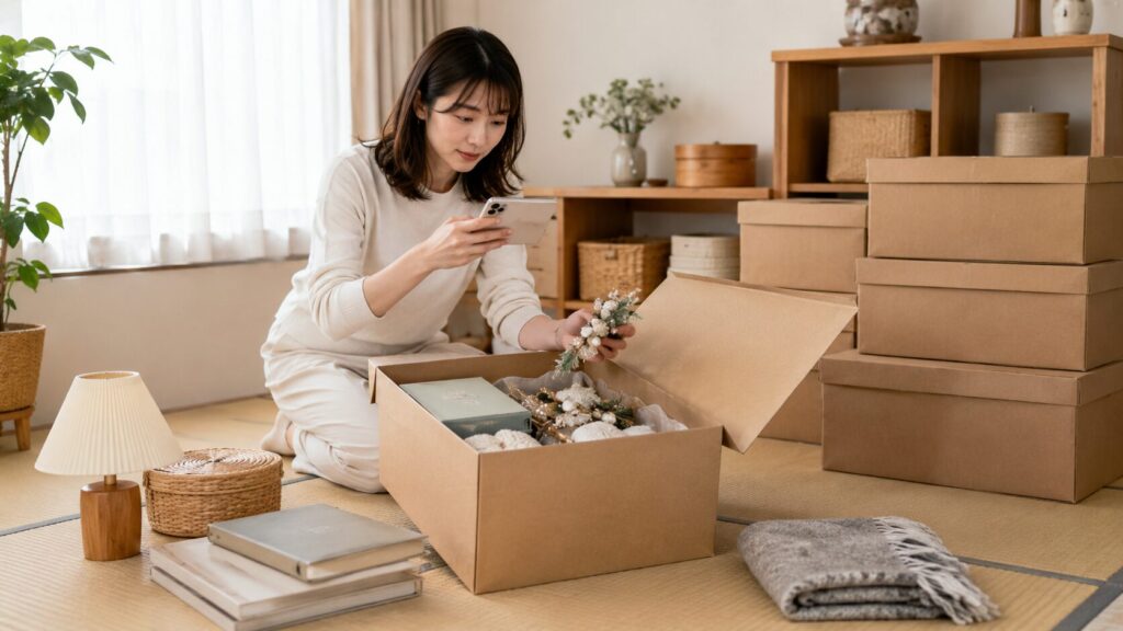 minikuraのHAKOへ預ける季節用品を箱詰めし、スマホで中身を撮影する日本人女性
