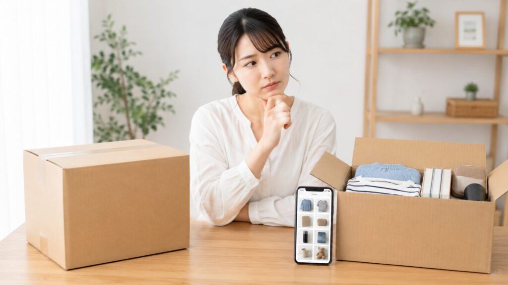 箱単位で保管するHAKOと写真管理できるMONOを比較する日本人女性
