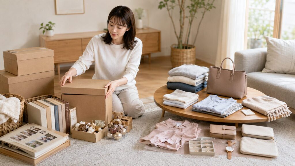思い出の品や本はHAKO、衣類やバッグはMONOに分けて整理する日本人女性