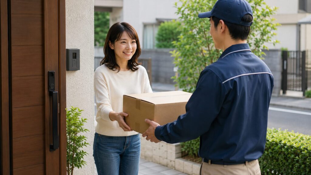 minikuraの集荷で自宅の玄関先からBOXを配送員へ渡す日本人女性