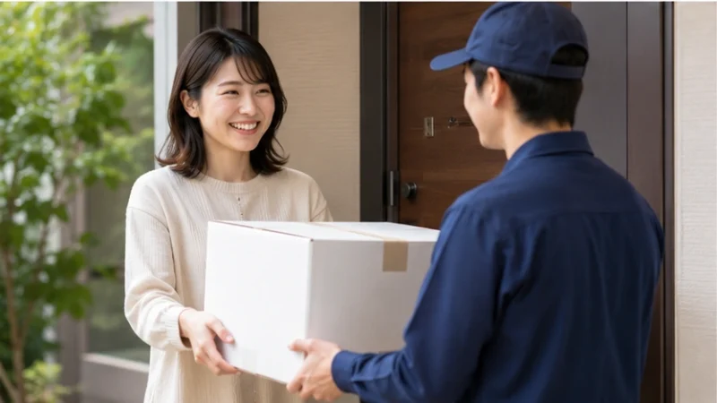 自宅の玄関でminikuraの保管用段ボールを配送員から受け取る日本人女性
