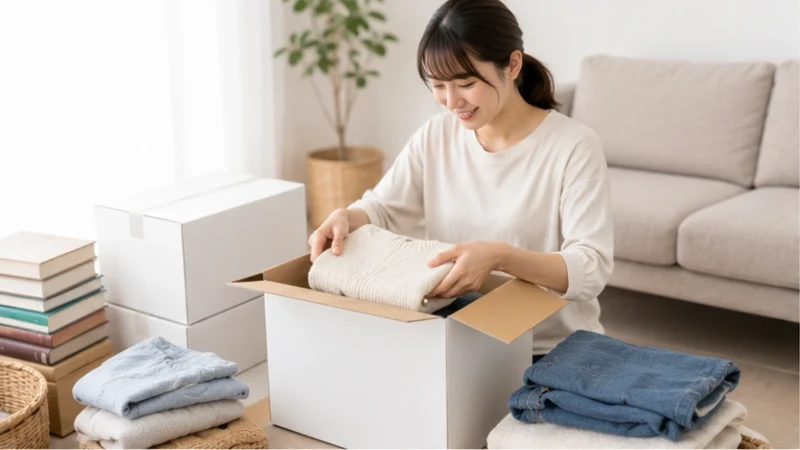 衣類や日用品を段ボールに詰めてminikuraへ預ける準備をする日本人女性