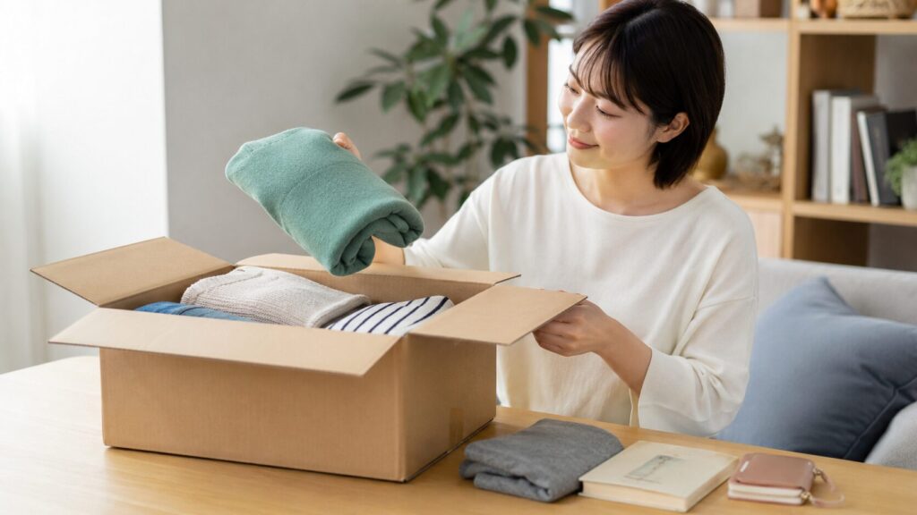 minikuraの保管箱から必要な衣類だけを選んで取り出す日本人女性
