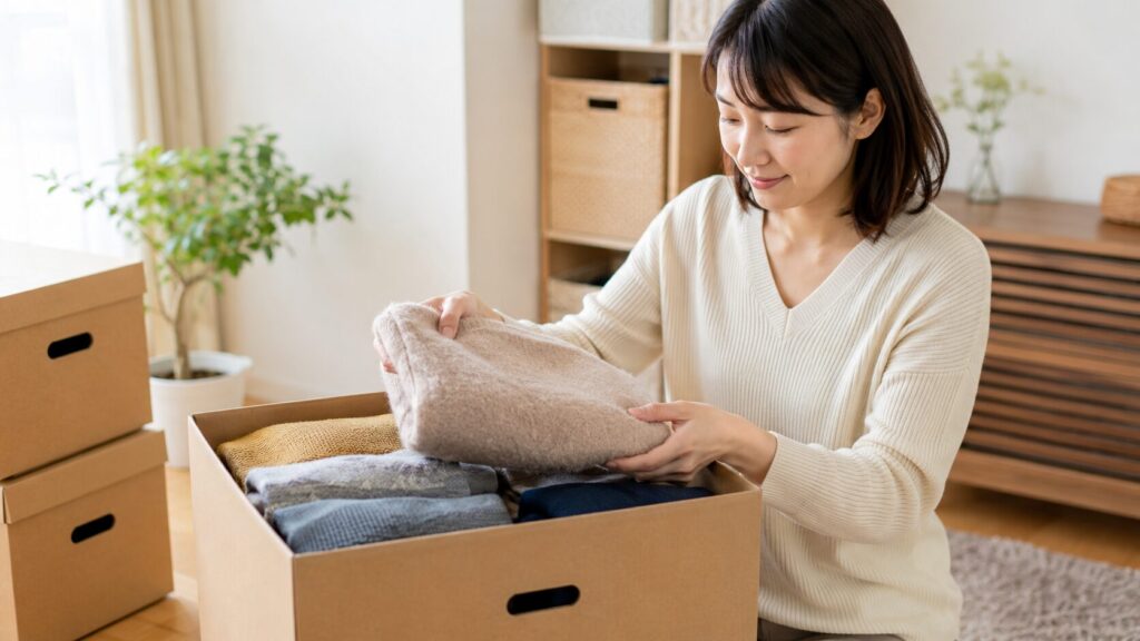 minikuraの保管BOXから必要な衣類だけを取り出す日本人女性