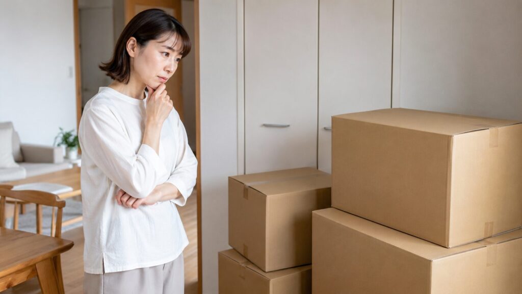 minikuraの最低保管期間と段ボール箱の保管を検討する日本人女性