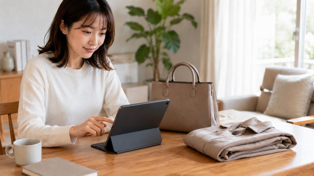 minikuraのMONOで預けた衣類やバッグの写真をタブレットから確認する日本人女性