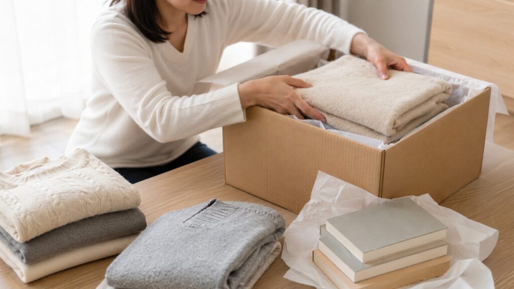 乾燥させた衣類や本を段ボール箱へ丁寧に梱包する日本人女性