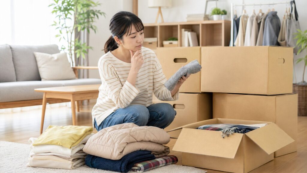 minikuraの取り出し料金を考えながら衣類と収納箱を整理する日本人女性