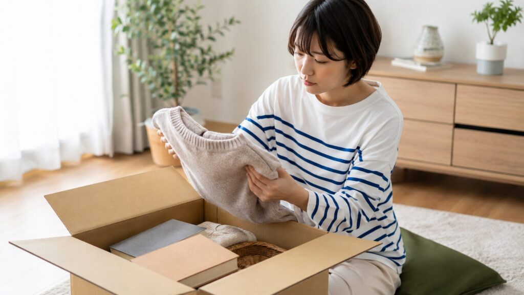 返却された段ボール箱から衣類を取り出してカビの有無を確認する日本人女性