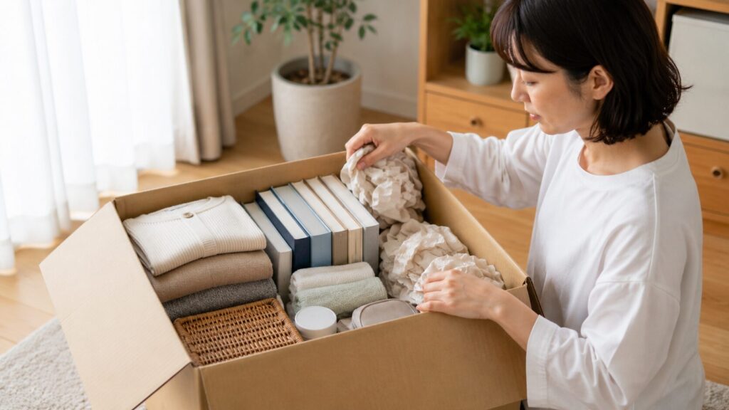 minikuraへ預ける衣類と本を緩衝材で丁寧に梱包する女性