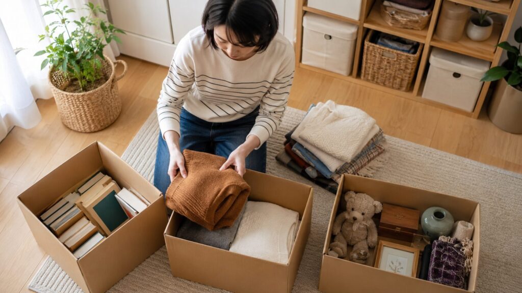 minikuraに預ける本や衣類を用途別の箱に分ける日本人女性