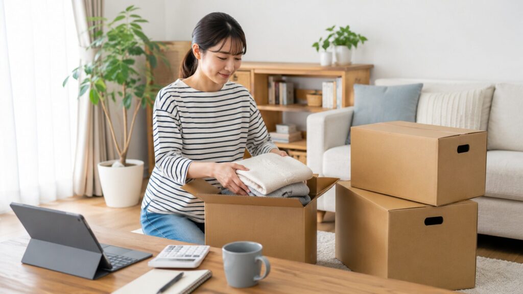 minikuraの料金を確認しながら衣類を段ボールへ整理する日本人女性