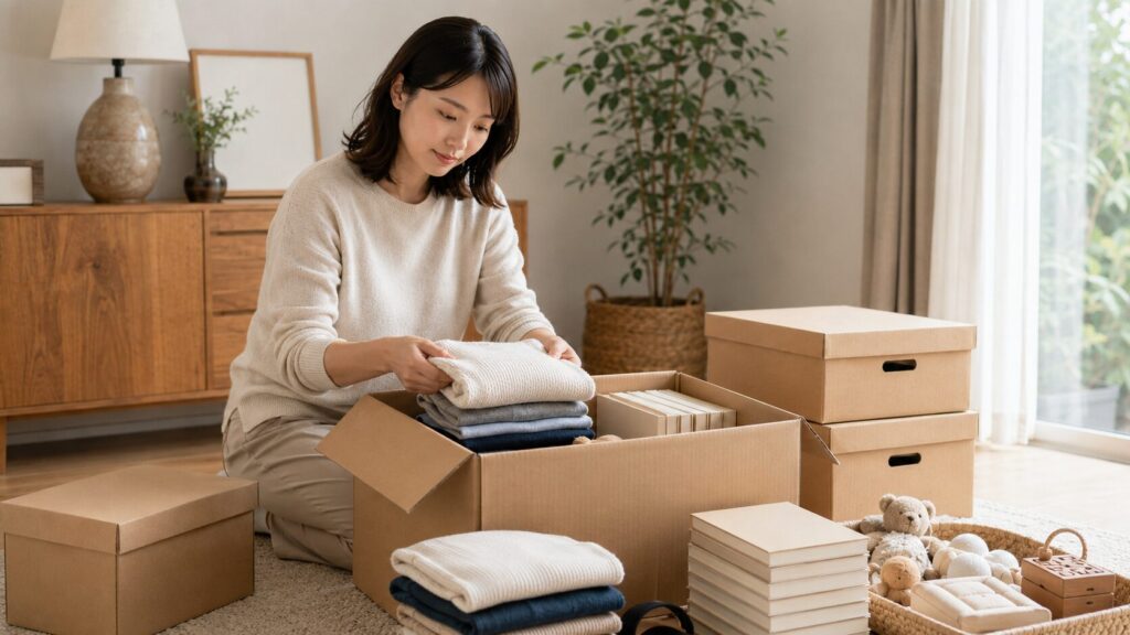 minikuraに預ける衣類や本、思い出の品を自宅で整理する日本人女性