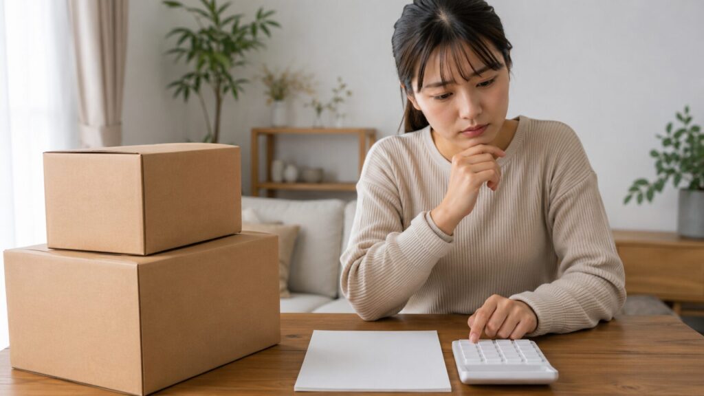 minikuraの保管料と取り出し料金を計算する日本人女性