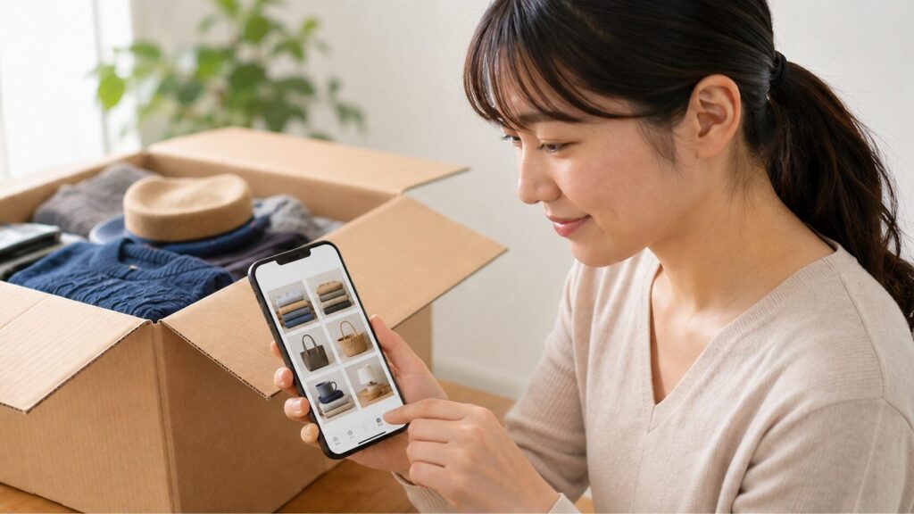 スマートフォンで預けた衣類やバッグの写真を確認する日本人女性
