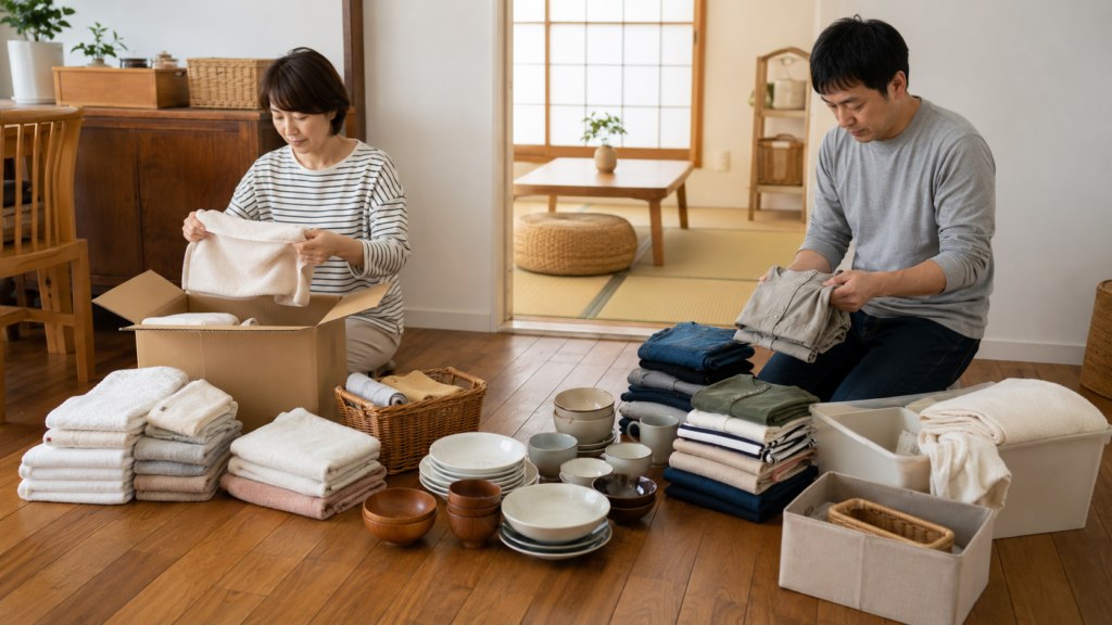 実家じまいの荷物を残す・売る・譲る・処分・一時保管に分類する様子