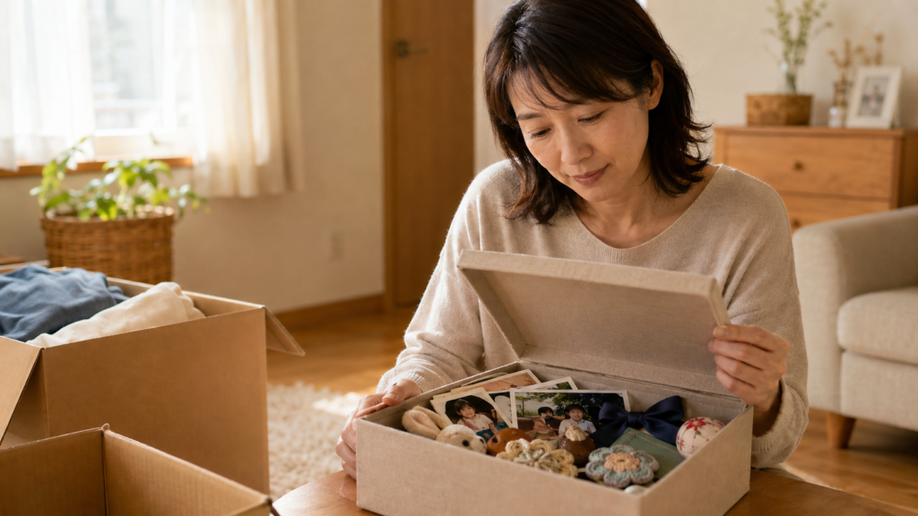 実家じまいで写真や思い出の品を保留箱にまとめる女性