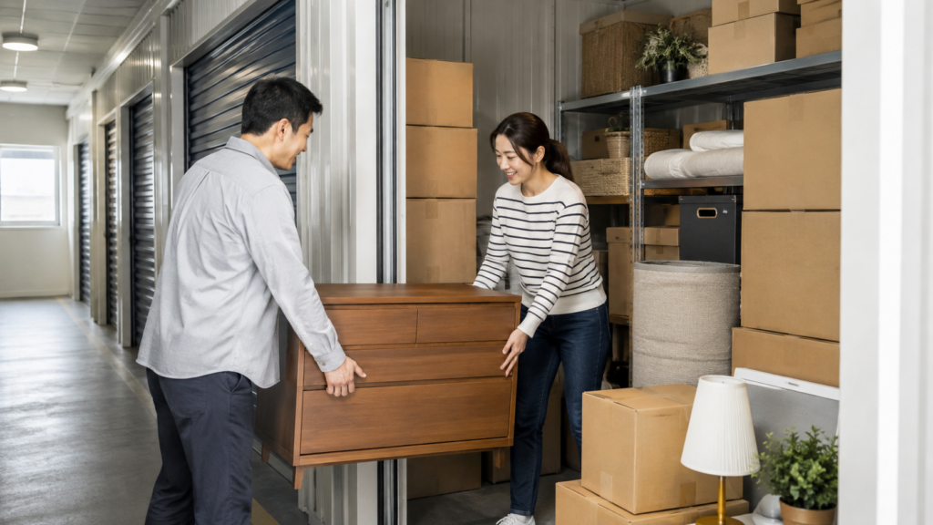 実家じまいの家具や荷物をトランクルームへ一時保管する様子